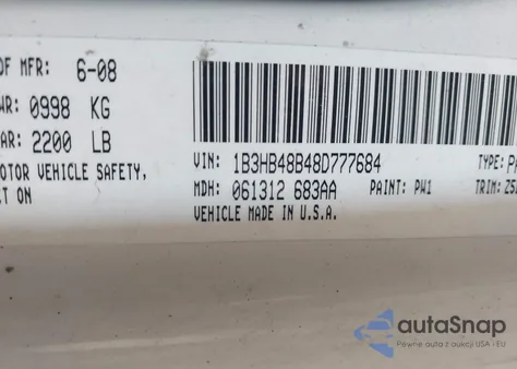 2008 Dodge Caliber Sxt z USA, uszkodzony, nr VIN 1B3HB48B48D777684